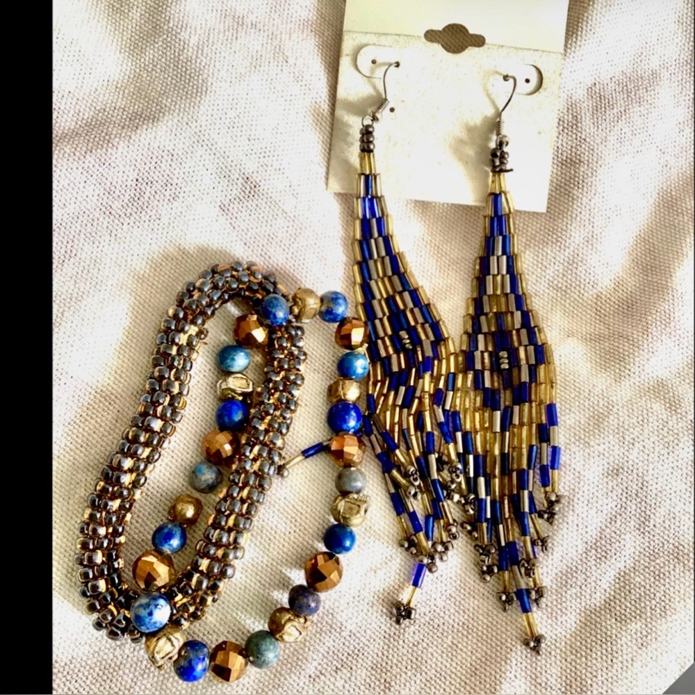 Blue Sodalite & Gold Plated Beaded Combo 3” Long Earrings 2 Bracelets
